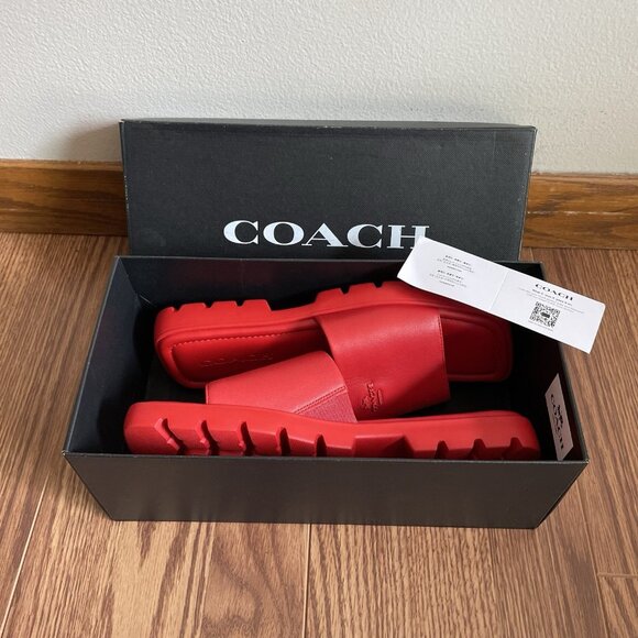 Coach Women Size 8.5B Bright Poppy Slip-On Square Toe Fiona Leather Sandal NWB - Picture 13 of 16